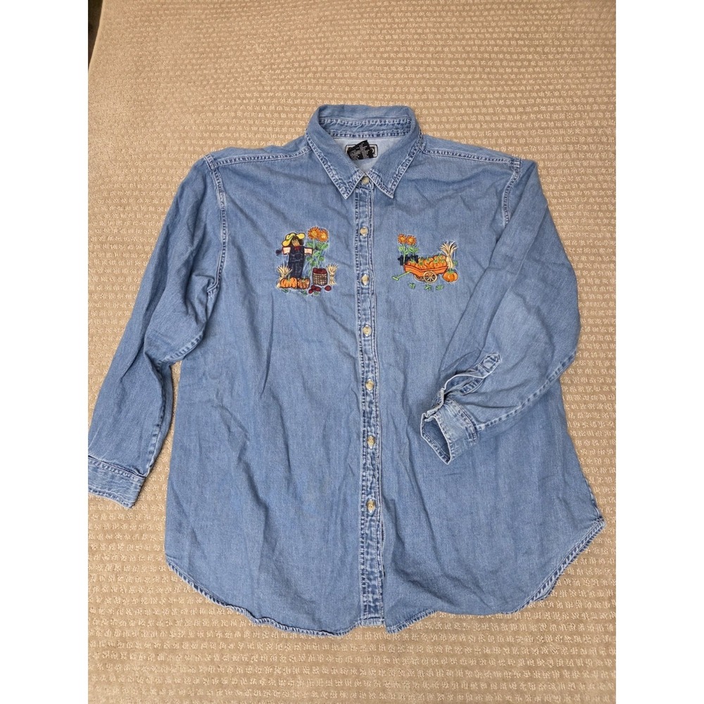 Denim Shirt Fall Embroidery Plus Size 22W / 24W‎ Autumn Harvest Thanksgiving GUC